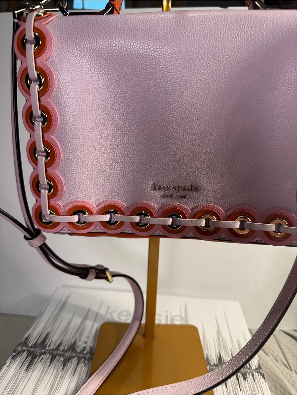 kate spade Pink Leather Scalloped Trim Crossbody with orange accents and strap